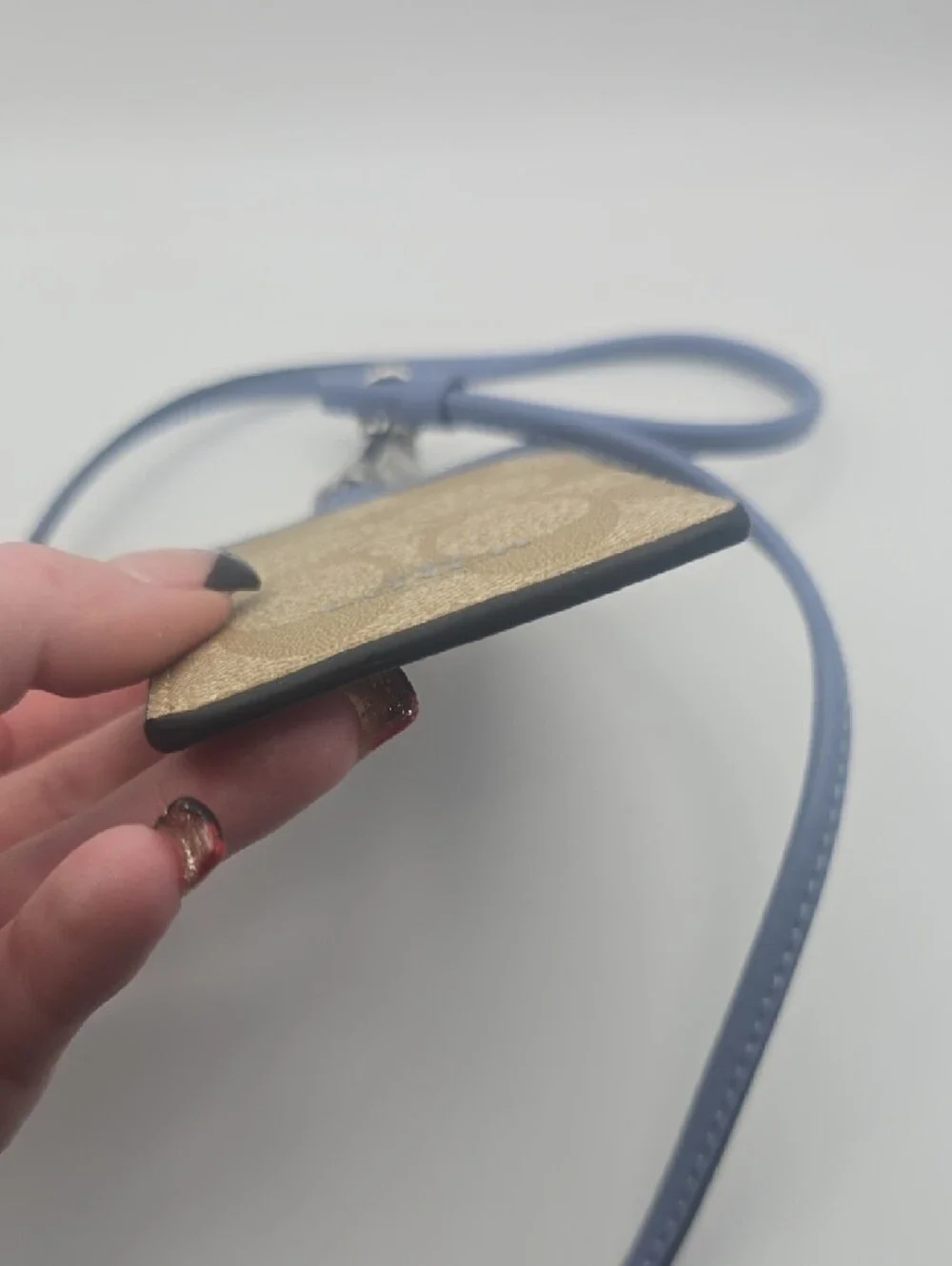 Coach Beige Signature Mono ID/Card Holder Lanyard Light Blue Trim/Strap (EUC)💙